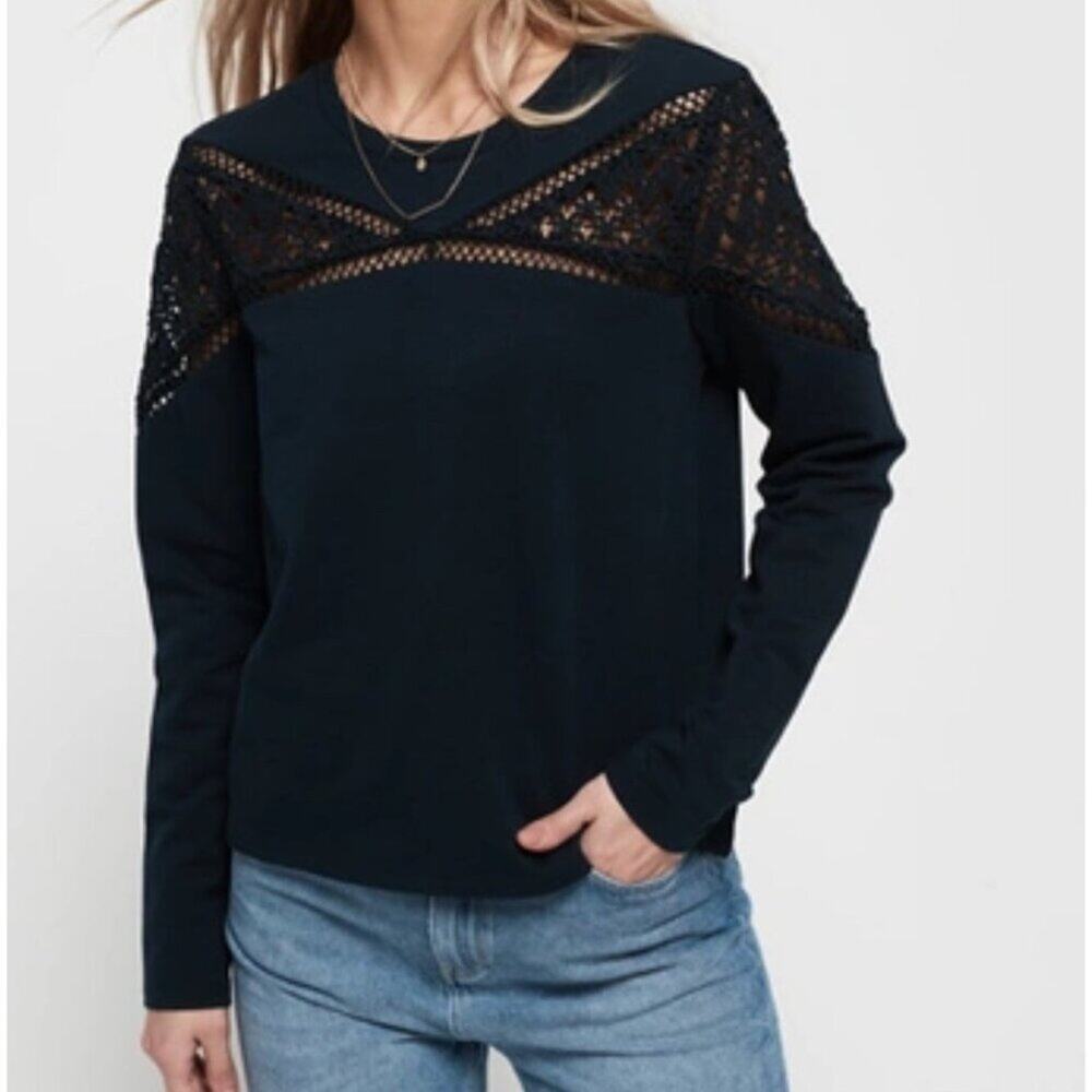 SuperDry Outfitters Shirt Women's Size 10  Lace Panel Pullover Crewneck Navy